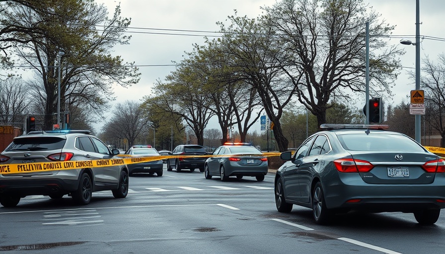 Police intersection scene with cars halted under cloudy sky.