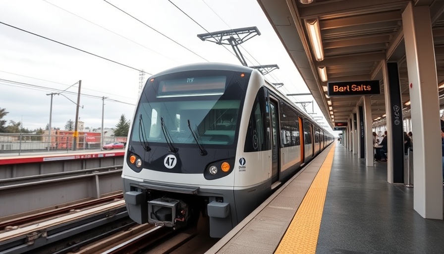 California BART train at urban station platform.