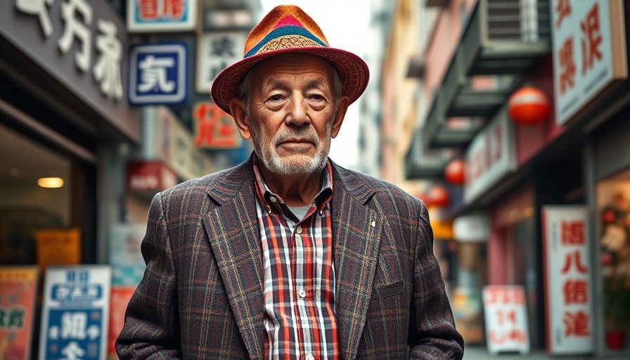 Chinatown elder in stylish fashion with plaid blazer and red hat.