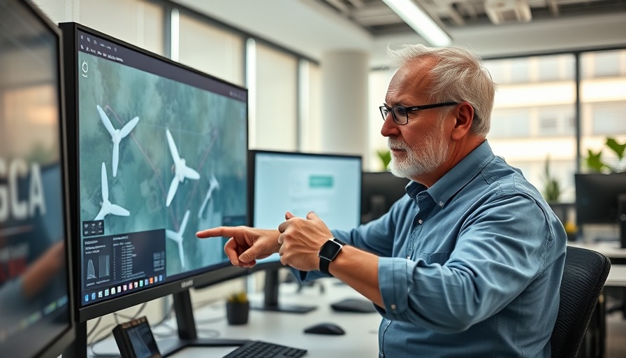 Older man analyzing drone operation map in office environment.