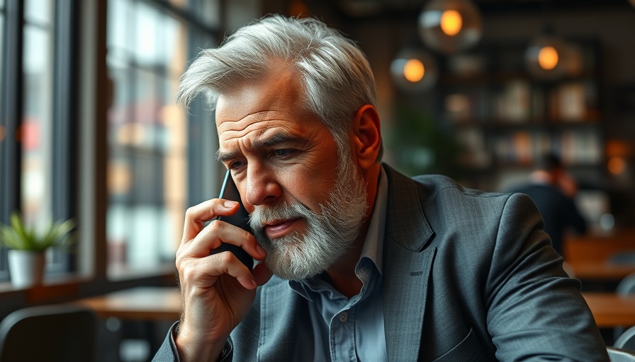 Older man communicating via smartphone in modern café.