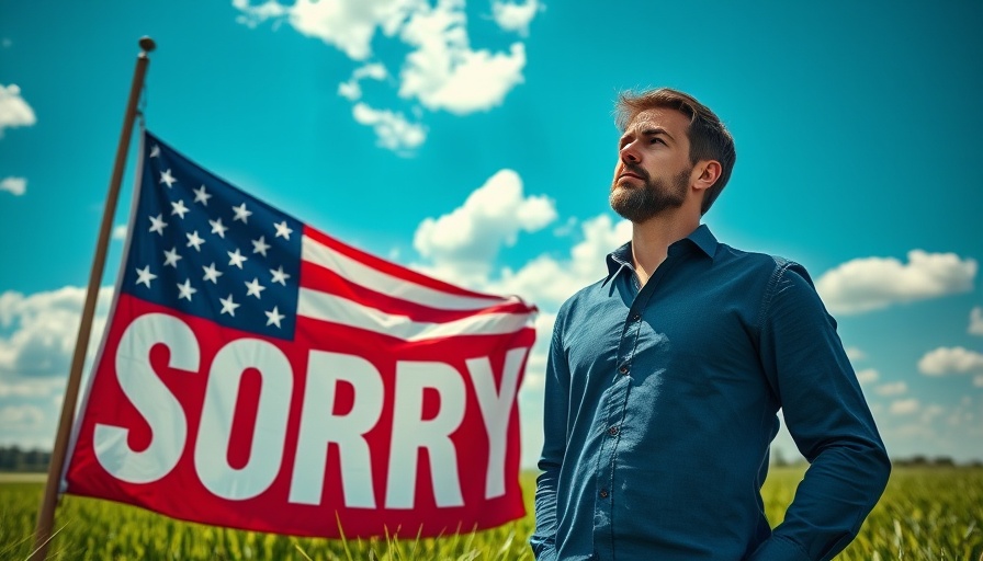 Contemplative man beside American flag and 'SORRY' text, sunny field.