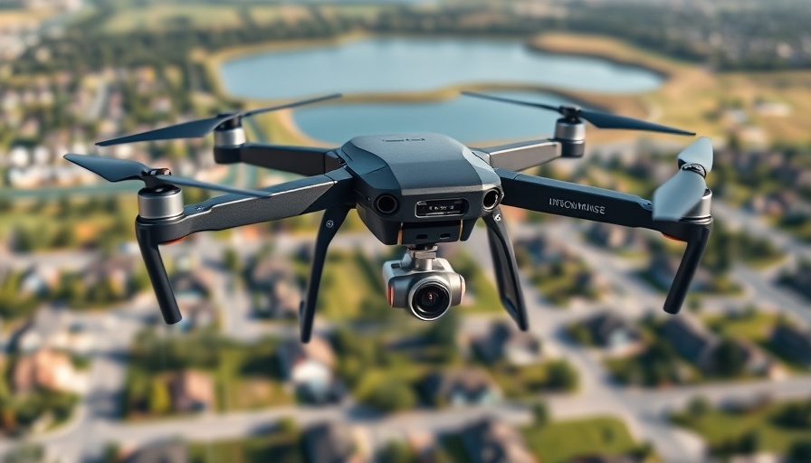 Uber drone delivery over suburban area with lake.
