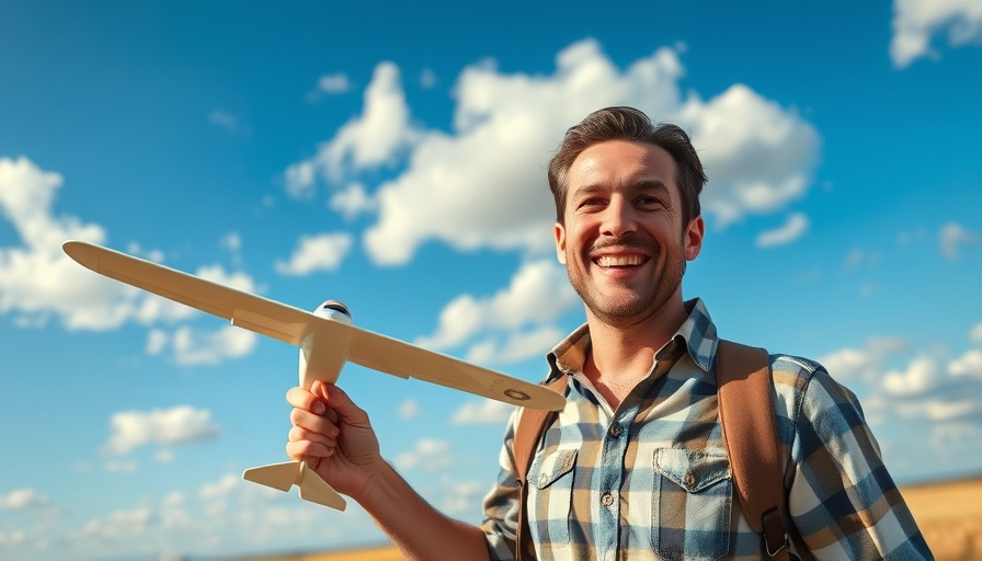 Man enjoys holding RC airplane under blue sky with clouds.