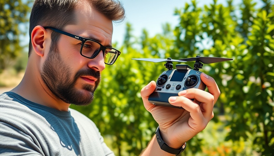 Curious man examining the cheapest FPV radio in a sunny garden.