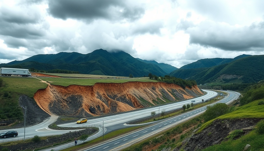 Landslide blocking Highway 1 amidst steep hills