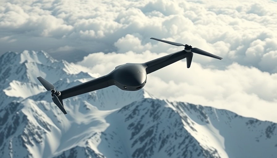 Stealth combat drone flying over snowy mountains
