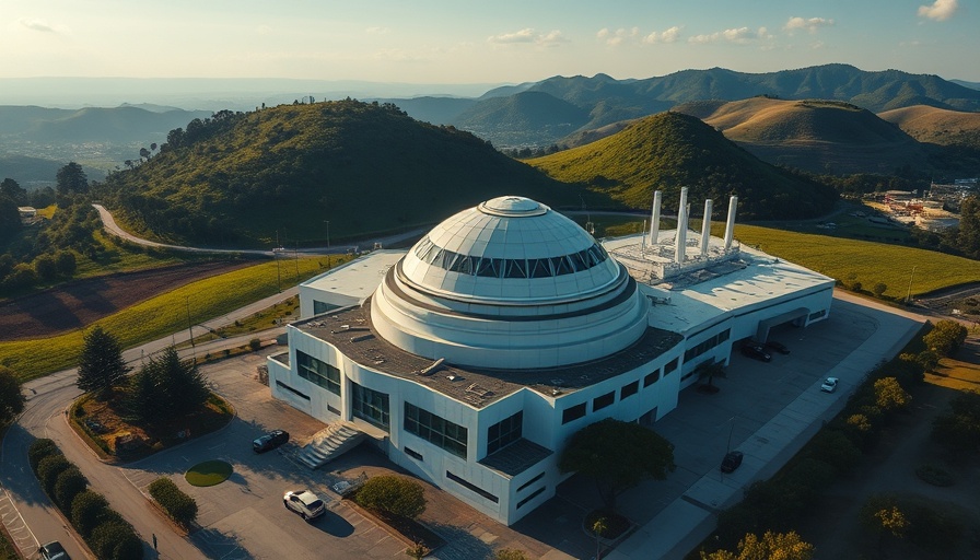 Aerial view of Berkeley Lab with dome structure amidst greenery.