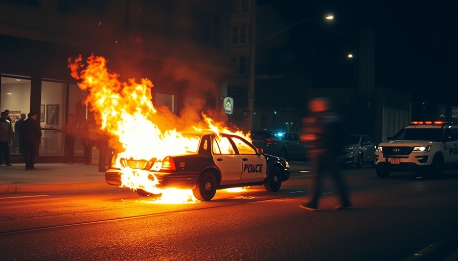 UC Berkeley police car firebombing incident on a dark street.