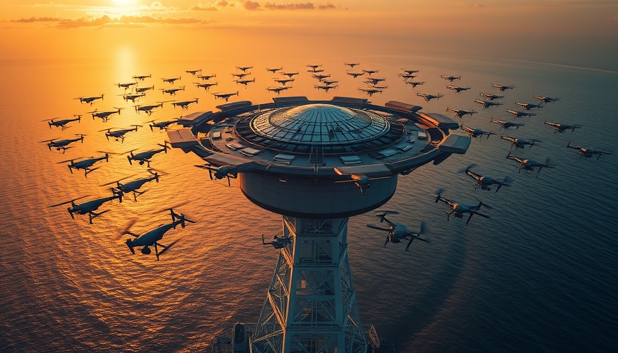 Silent Swarm 2026: drones enveloping a radar at sunset.