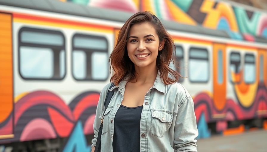 Smiling woman in front of mural, Tuscan Cuisine and Filipino Tacos