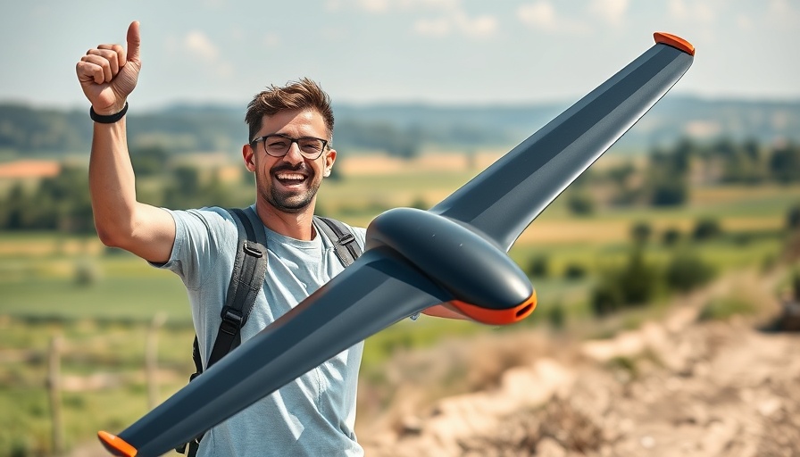 Man celebrating with TBS Trapedo FPV wing in a sunny field.