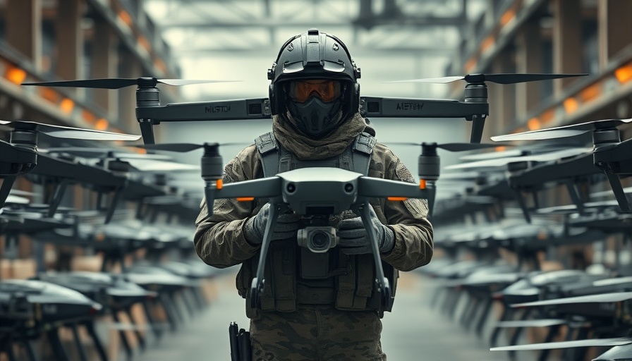 America Drone Technology Race: Soldier with drones in industrial setting.