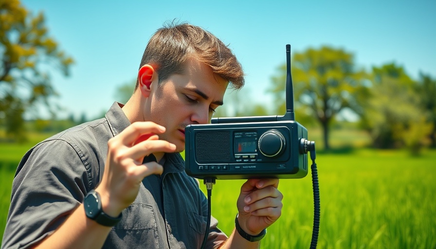 Man exploring Hall Radio V16 features in a scenic outdoor field.