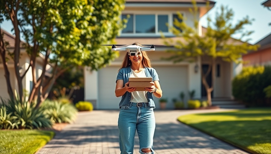 Drone Delivery Pilot in Los Angeles suburban scene with drone.