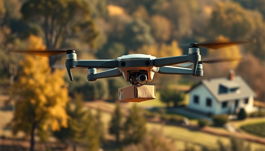 Drone delivering package in rural area under warm sunlight.