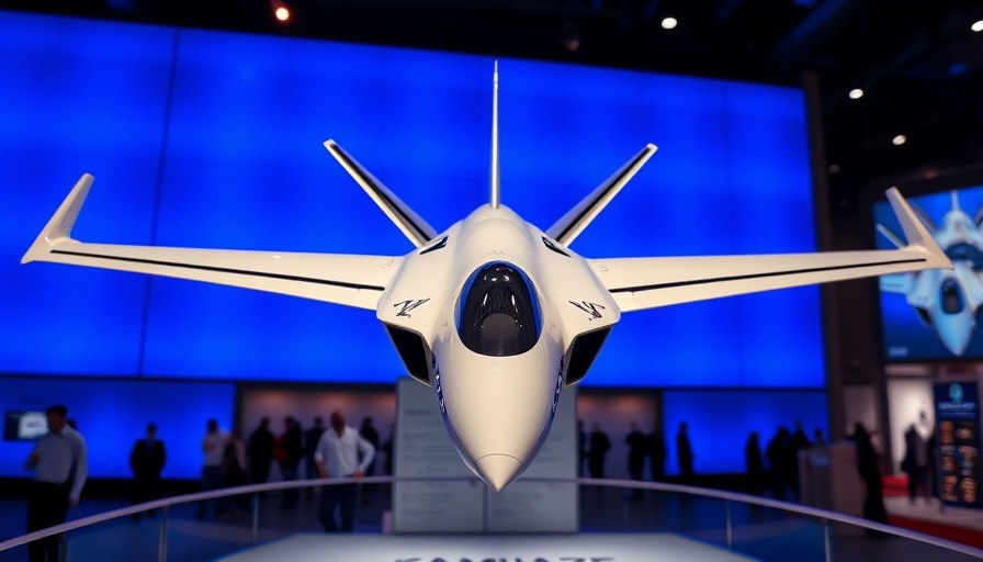 Sleek modern jet-powered kamikaze drone displayed at an exhibition.