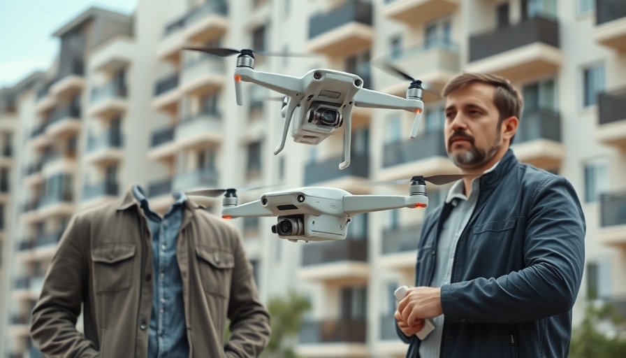 Men observing delivery drone near residential buildings, highlighting drone safety and public perception.