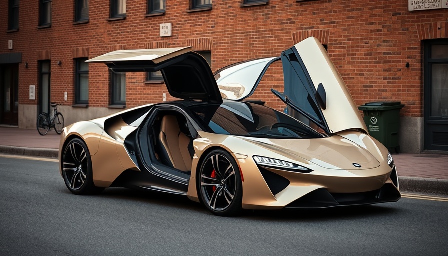 Futuristic car with open doors on urban street scene.