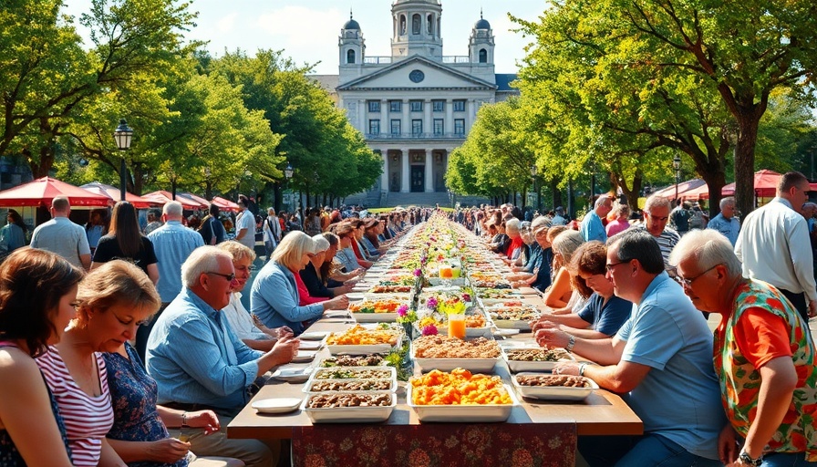Longest Table Community Potluck under clear skies at city hall.