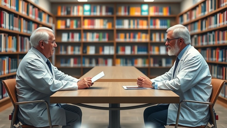 Two professors discussing AI research tools in a library setting.