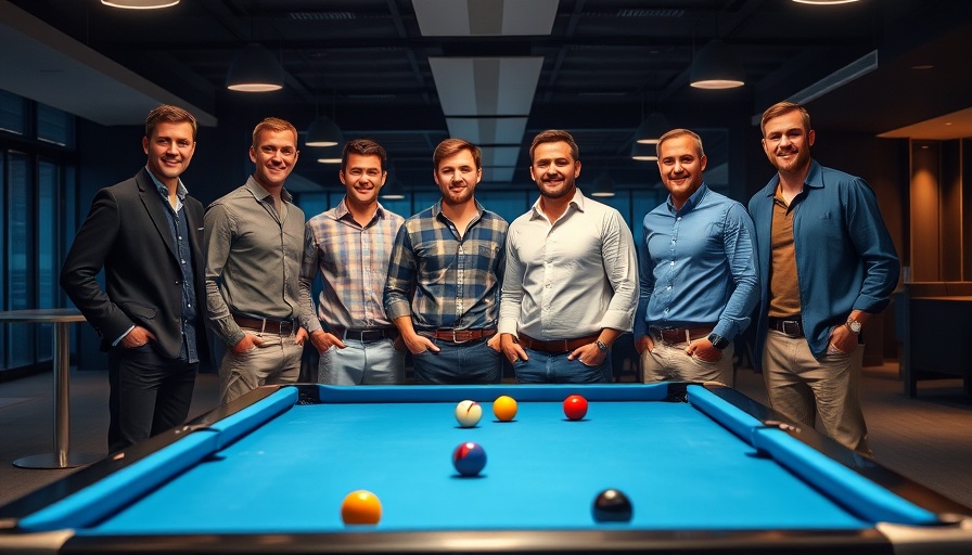 Group of men at World Billiard Championships event, posing by billiard table.