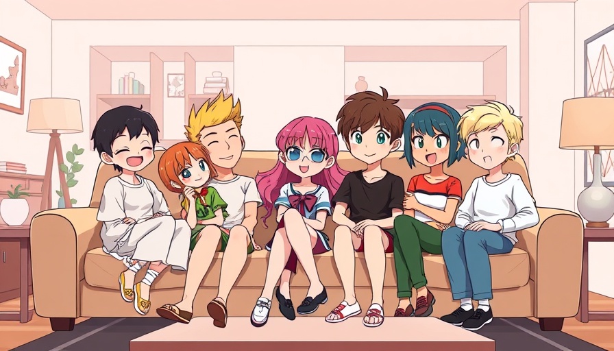 Animated group sitting on sofa, modern living room.