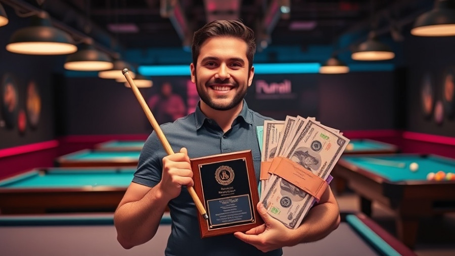 MD State 8-Ball Championships winner with award and cue.