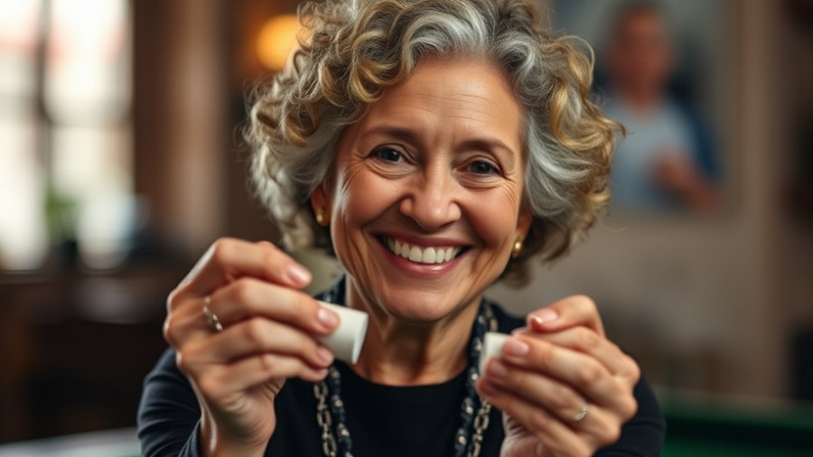 Smiling woman holding pool chalk, indoor setting.