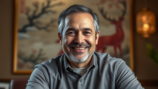 Smiling man indoors with art background for Ruxolitinib vitiligo management.