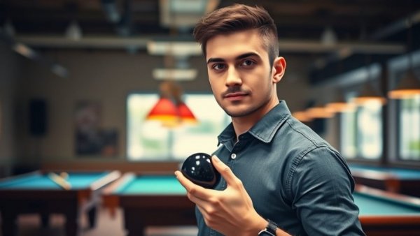 Confident young man holding billiard ball in pool hall, One Pocket Championship.