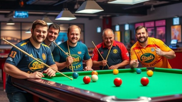 Jesus Atencio billiards victory with fellow players in vibrant team shirts indoors.