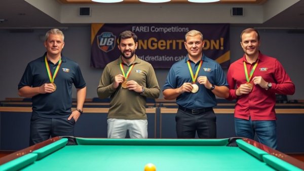 Billiard players with awards at Polish Billiard Championships MVP Titles event.