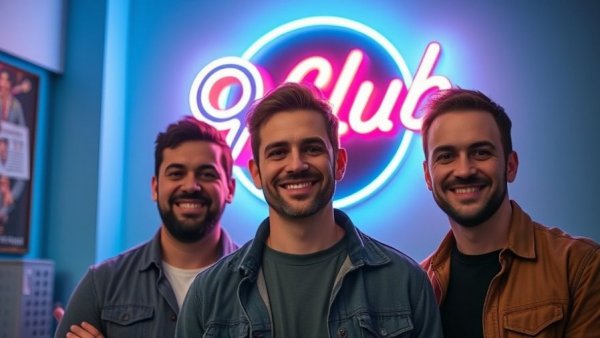 Three men posing in front of neon '9 Club' sign, Randy Miles TOP Tour title.