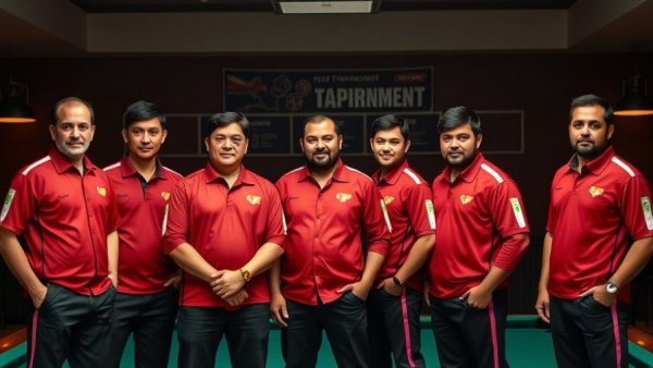 Lisciotti Cup billiards team in red uniforms posing indoors.