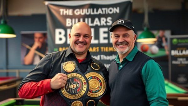 Roberto Mendoza and companion celebrating billiards comeback with championship belt.