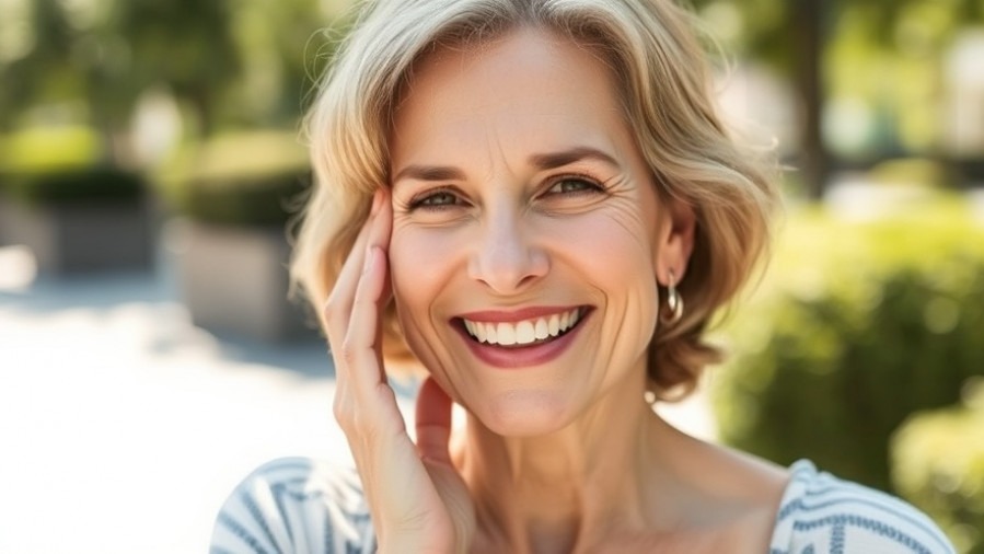 Beautiful middle-aged woman smiling in the sunshine, radiating joy.