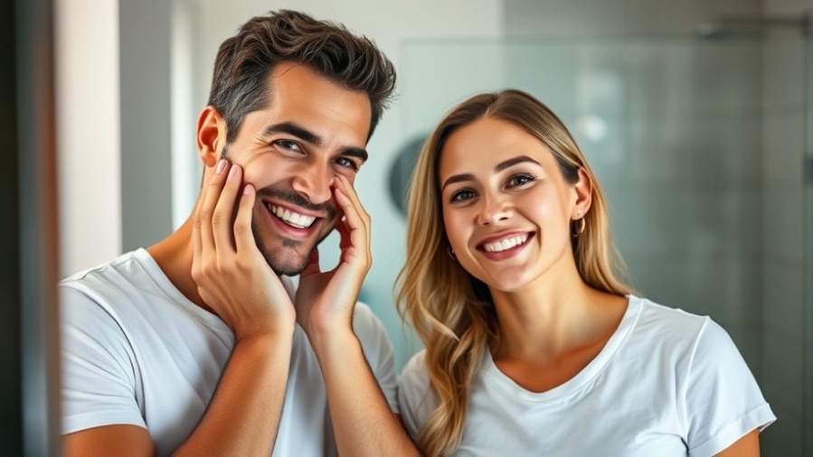 Smiling 30 year old couple in white t-shirts in a bathroom, man touching his face.