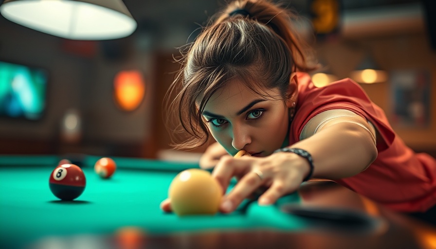 Focused female pool player aiming a shot in a billiard hall.