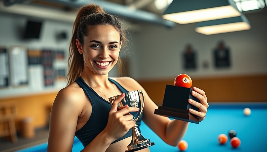 Euro Tour winner holds trophy at pool table indoors.