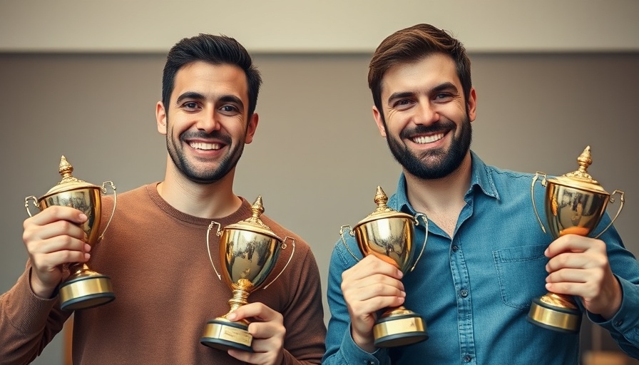 Two men celebrating Garden State Pool Tour victory with trophies.
