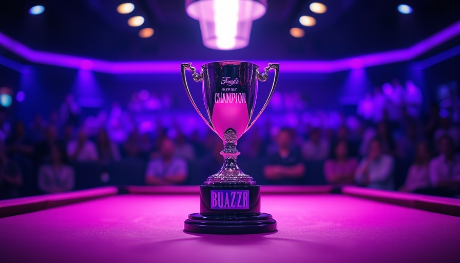 2025 European Open Pool Championship trophy on a pool table with purple lights.