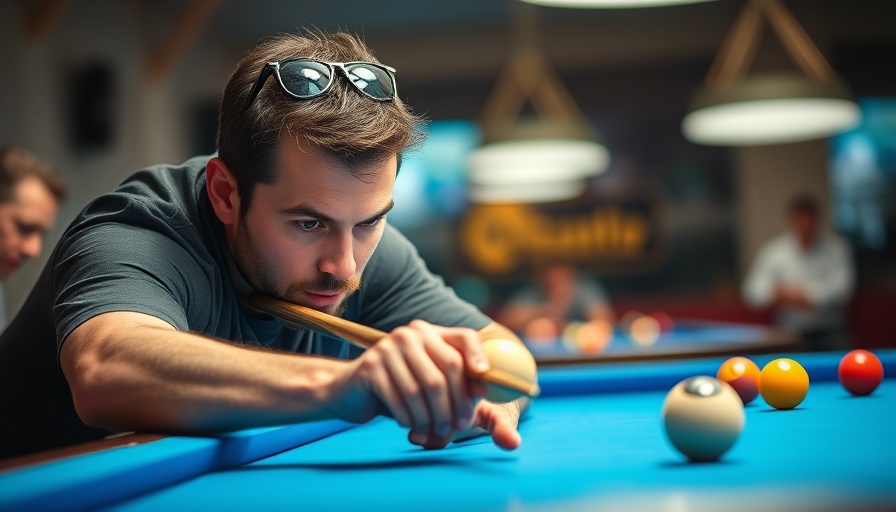 Focused billiards player aiming during a tournament, Claramunt 8-ball 9-ball titles.