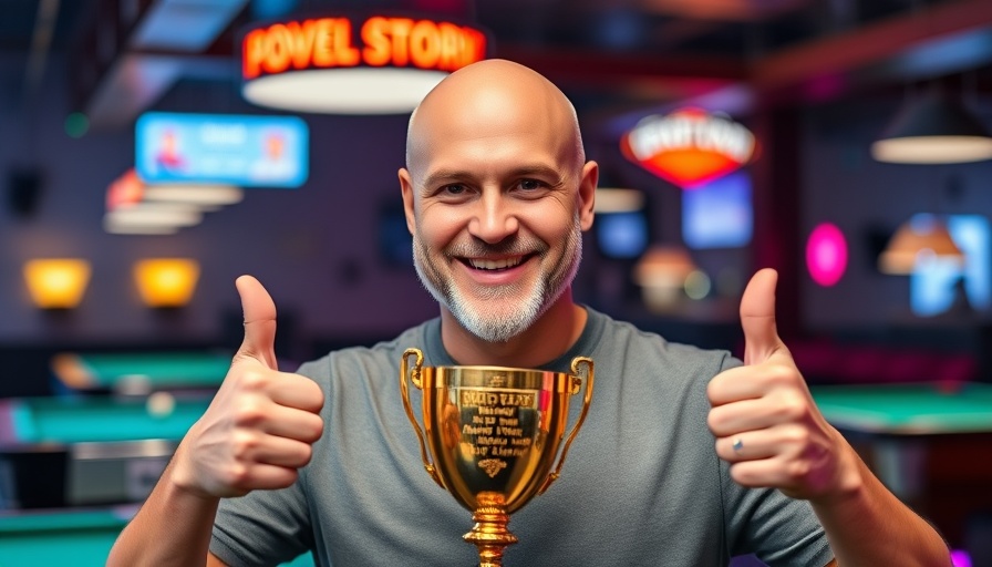 Winner holding trophy at NC State 9-Ball Open title pool hall event.