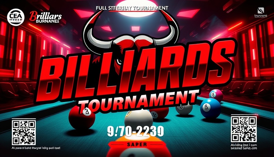 Battle of the Bull Tournament poster with billiards theme, QR codes.