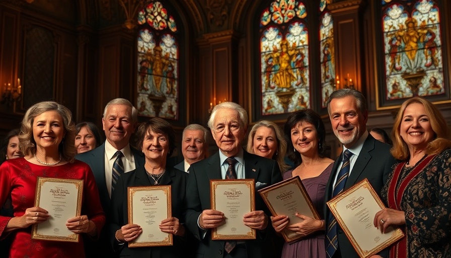 Ceremony in London hall with award recipients, recognizing Freedom of the City.