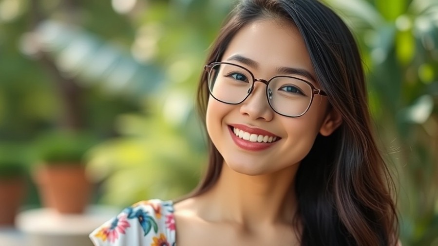 Beautiful Asian woman in a summer dress and glasses, showcasing glowing skin.