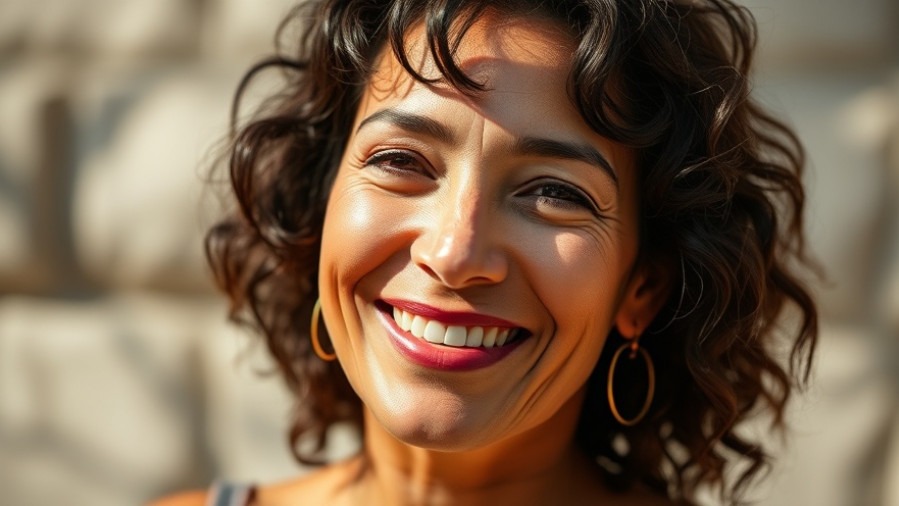 Smiling woman with fine lines enjoying the sun, radiating beauty and confidence.