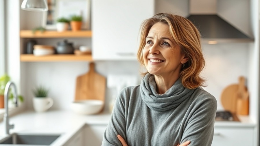 Thoughtful middle-aged woman smiling in a modern kitchen.