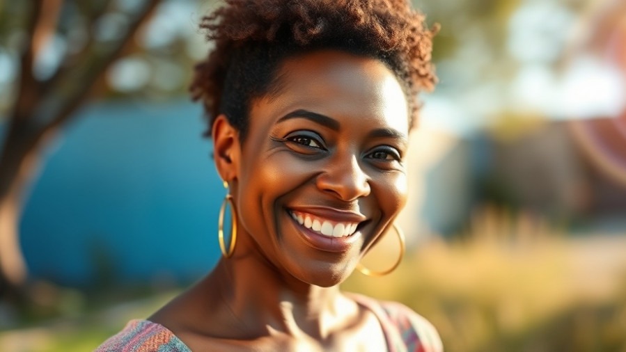 Smiling beautiful African American woman outdoors with radiant skin.